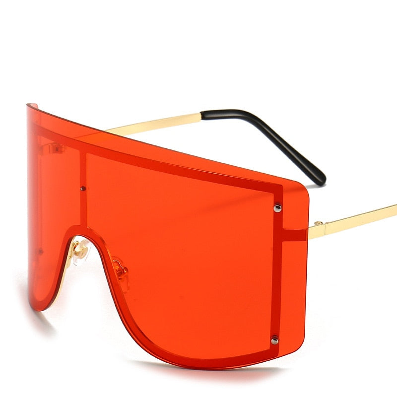 red rimless sunglasses