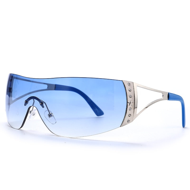 light blue rimless sunglasses
