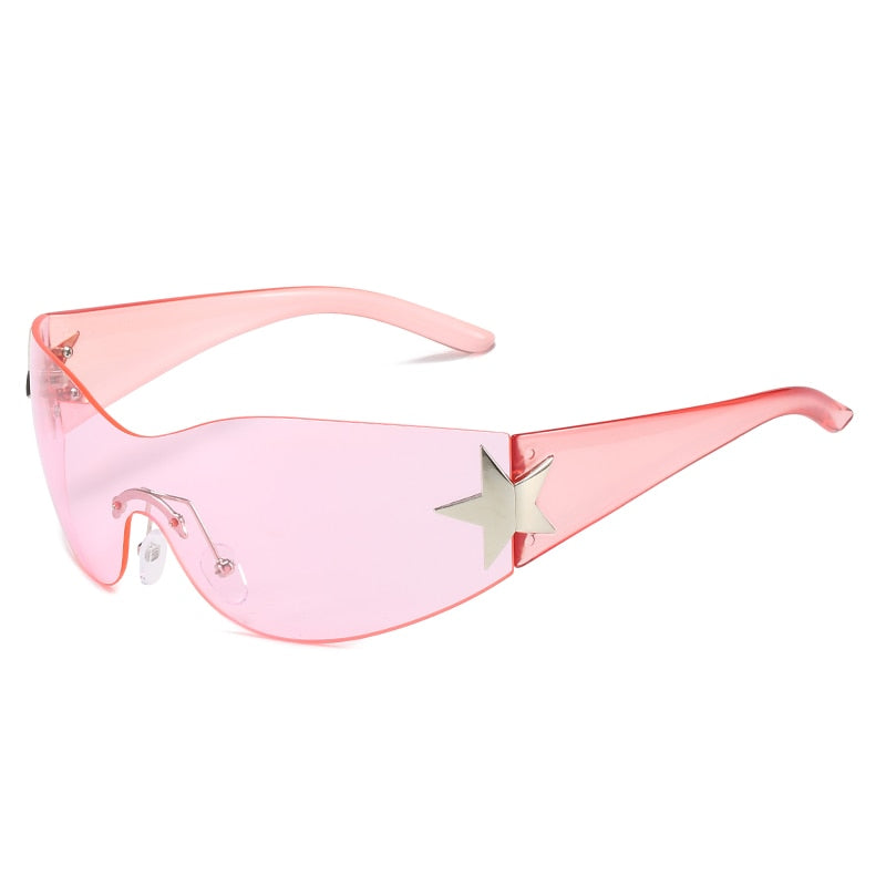 Shiny pink sunglasses with a futuristic, retro vibe.
